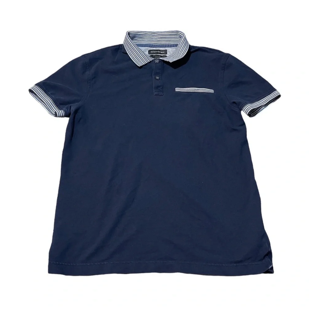 BANANA REPUBLIC Medium Blue With Stripe Collar Polo Shirt